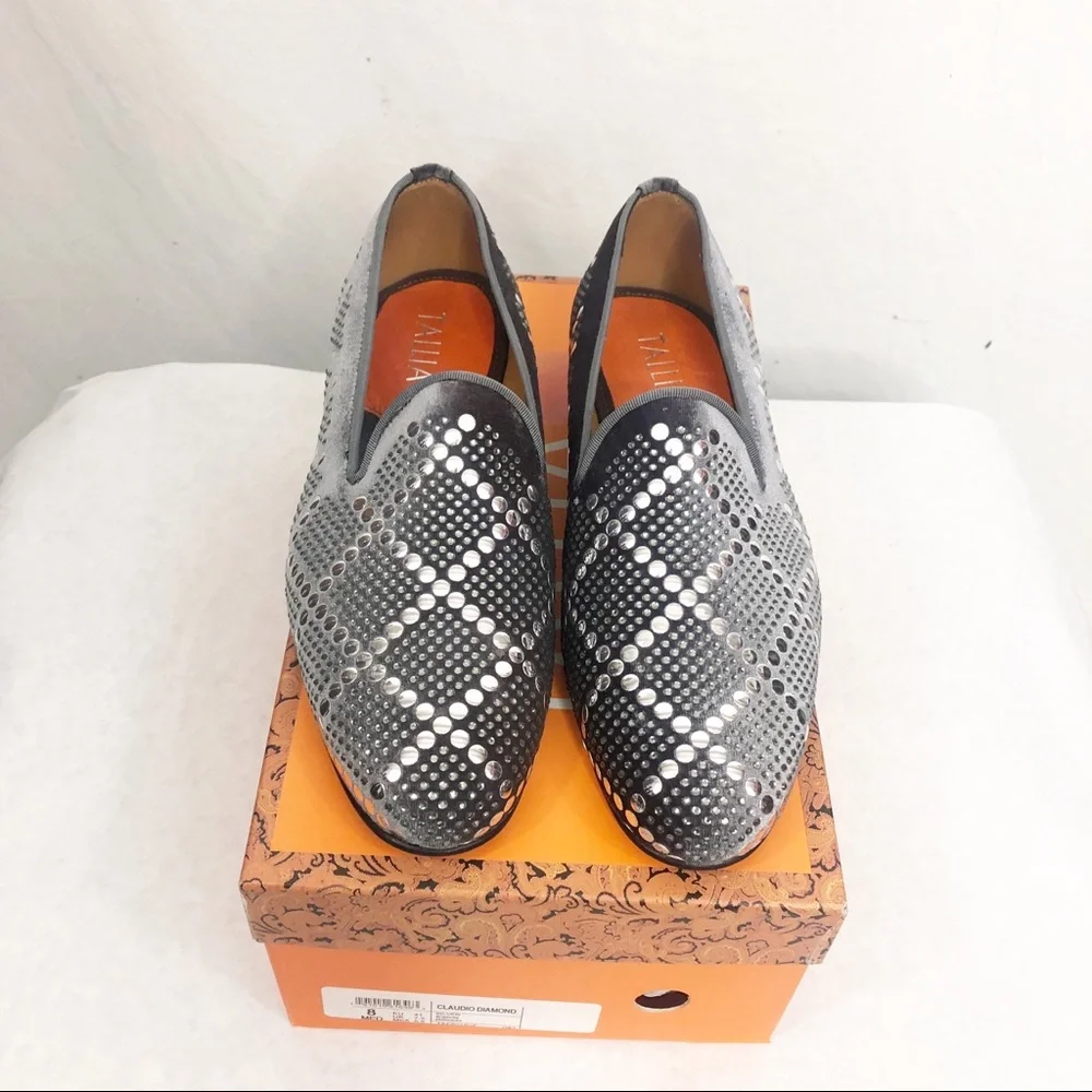 NEW Tallia Mens Claudio Diamond Suede Slip On Loafers, Size 8, Gray Silver